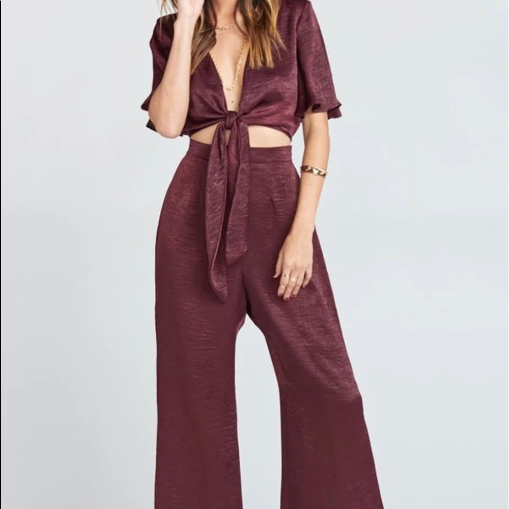 Show me your mumu jenna jumpsuit in burgundy